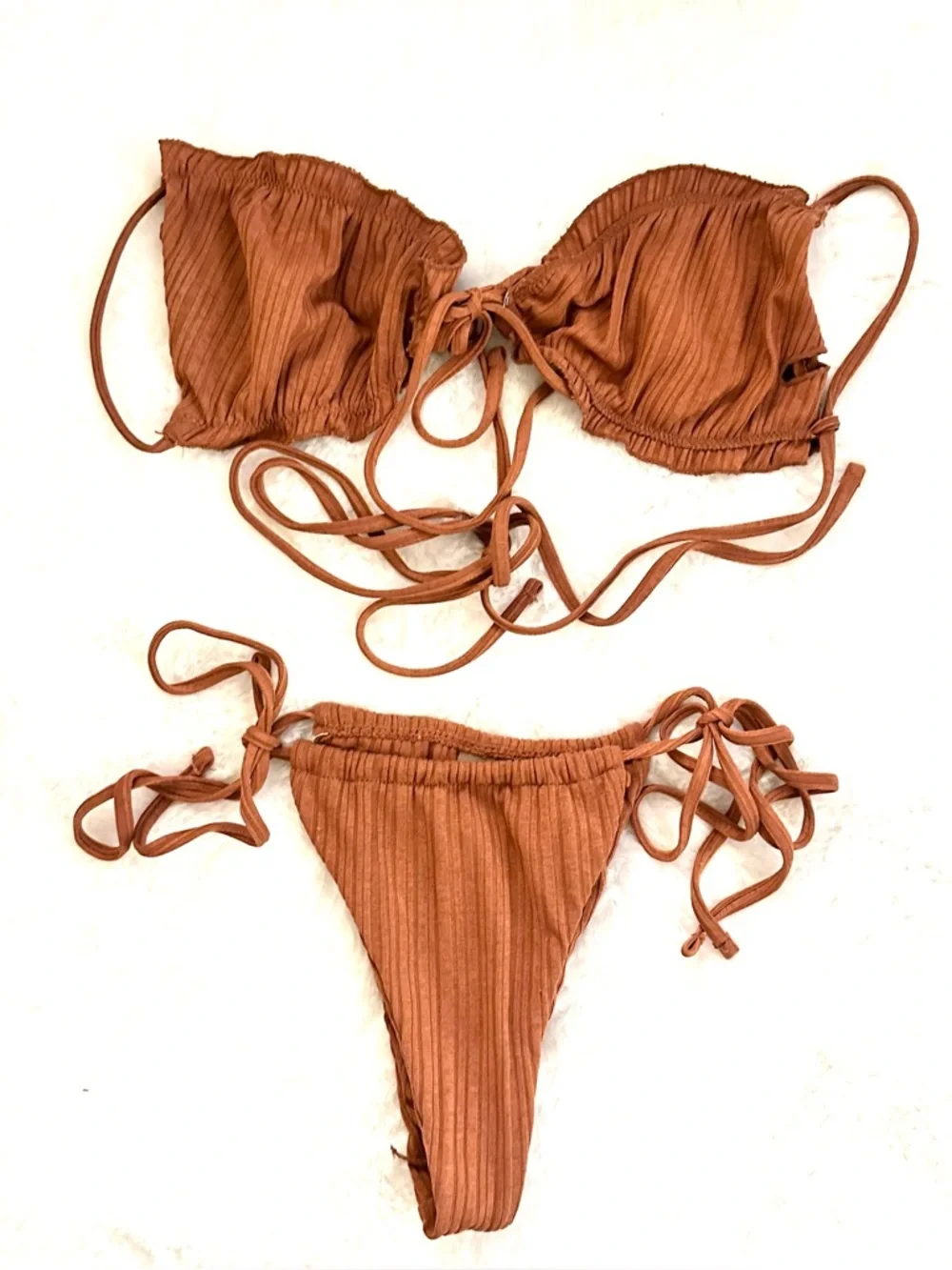 SHEIN Ribbed Burnt Orange Brown 3 Piece Tie Bikini Set Cover Up Sarong Medium